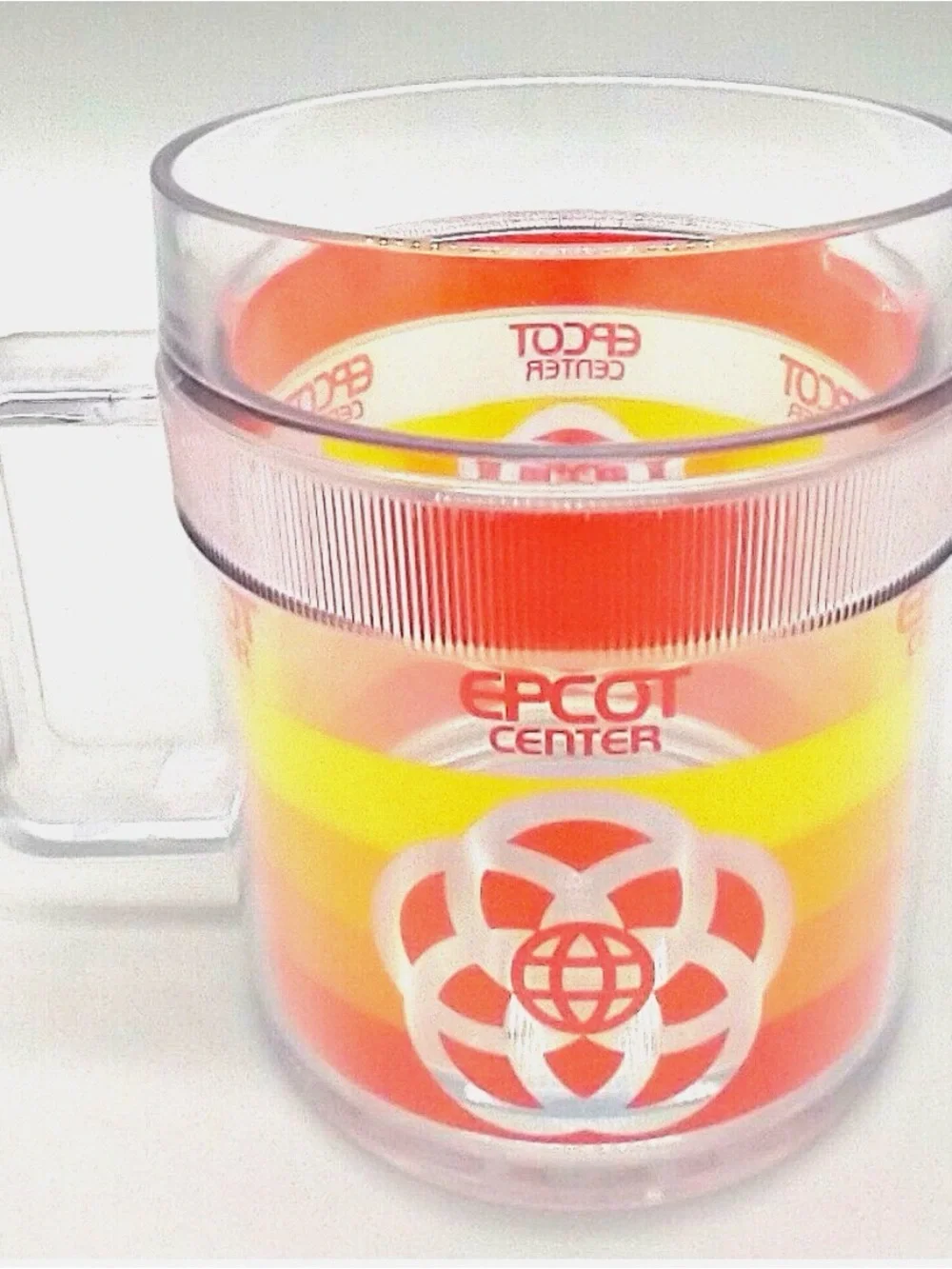 Disney Epcot Center Clear Acrylic Mug with Orange and Yellow Stripes
